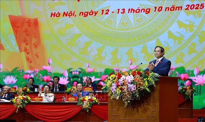 Đồng chí Phạm Minh Chính, Ủy viên Bộ Chính trị, Bí thư Đảng ủy, Thủ tướng Chính phủ phát biểu bế mạc Đại hội. Ảnh: Dương Giang-TTXVN 