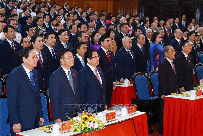 Đồng chí Phạm Minh Chính, Ủy viên Bộ Chính trị, Bí thư Đảng ủy, Thủ tướng Chính phủ đến dự và chỉ đạo Đại hội đại biểu Đảng bộ tỉnh Thanh Hoá lần thứ 20. Ảnh: Dương Giang - TTXVN 
