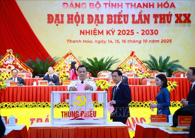 Các đại biểu bỏ phiếu bầu Ban Chấp hành Đảng bộ tỉnh Thanh Hoá nhiệm kỳ 2025-2030. Ảnh: Dương Giang-TTXVN 

