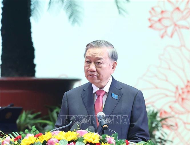 Tổng Bí thư Tô Lâm phát biểu chỉ đạo Đại hội đại biểu Đảng bộ thành phố Hà Nội lần thứ 18 . Ảnh: Thống Nhất-TTXVN