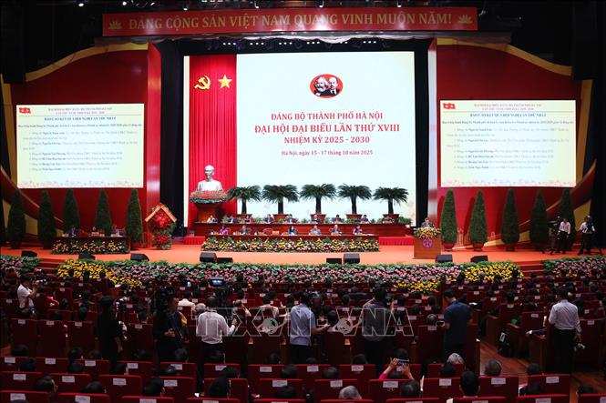 Đại hội đại biểu Đảng bộ thành phố Hà Nội lần thứ 18, nhiệm kỳ 2025-2030. Ảnh: Văn Điệp – TTXVN