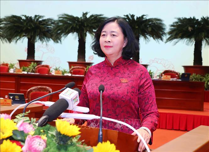 Đồng chí Bùi Thị Minh Hoài, Ủy viên Bộ Chính trị, Bí thư Thành ủy Hà Nội phát biểu. Ảnh: Văn Điệp – TTXVN