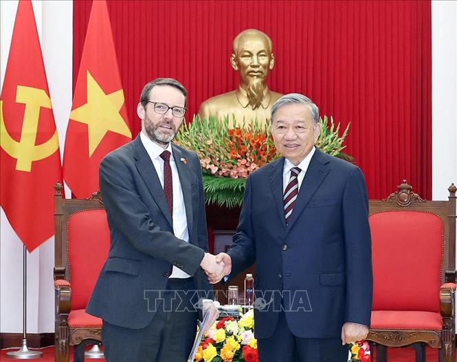 Tổng Bí thư Tô Lâm tiếp Đại sứ Anh tại Việt Nam Iain Frew. Ảnh: Thống Nhất – TTXVN