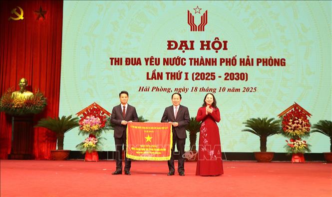 Bà Võ Thị Ánh Xuân, Phó Chủ tịch nước thay mặt Chính phủ tặng Cờ thi đua cho thành phố Hải Phòng vì có thành tích xuất sắc. Ảnh: Hoàng Ngọc - TTXVN
