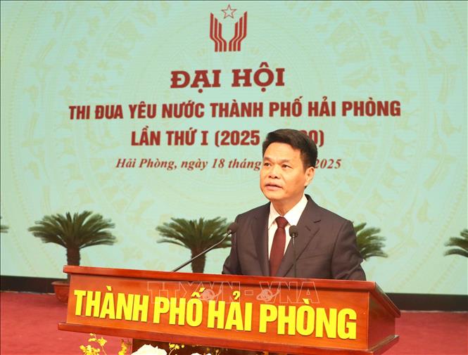 Ông Lê Ngọc Châu, Chủ tịch UBND thành phố Hải Phòng phát biểu. Ảnh: Hoàng Ngọc - TTXVN