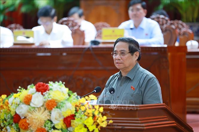 Thủ tướng Phạm Minh Chính phát biểu tại hội nghị tiếp xúc cử tri thành phố Cần Thơ trước Kỳ họp thứ 10, Quốc hội khóa XV. Ảnh: Dương Giang-TTXVN

