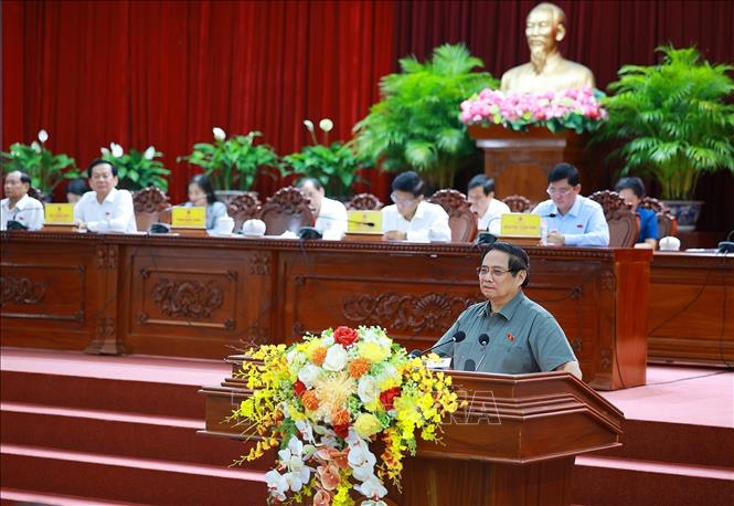 Thủ tướng Phạm Minh Chính phát biểu tại hội nghị tiếp xúc cử tri thành phố Cần Thơ trước Kỳ họp thứ 10, Quốc hội khóa XV. Ảnh: Dương Giang-TTXVN
