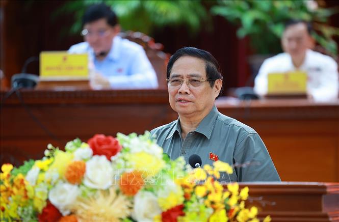Thủ tướng Phạm Minh Chính phát biểu tại hội nghị tiếp xúc cử tri thành phố Cần Thơ trước Kỳ họp thứ 10, Quốc hội khóa XV. Ảnh: Dương Giang-TTXVN
