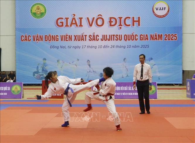 Các vận động viên tham gia thi đấu tại Giải vô địch các vận động viên xuất sắc Jujitsu quốc gia năm 2025. Ảnh: Lê Xuân-TTXVN