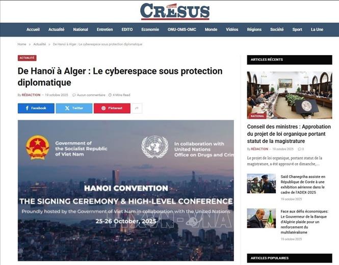Bài viết đăng trên Nhật báo Cresus, một trong những báo uy tín hàng đầu của Algeria ngày 19/10/2025. Ảnh: chụp màn hình bài báo