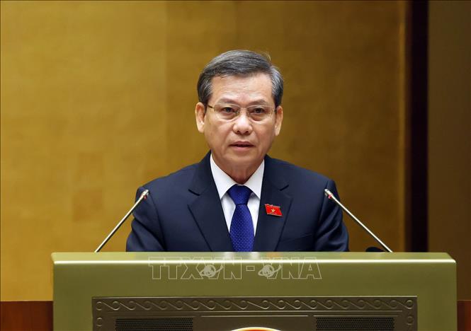 Chánh án Tòa án nhân dân tối cao Lê Minh Trí trình bày Báo cáo công tác nhiệm kỳ 2021-2026 của Tòa án nhân dân tối cao. Ảnh: Phạm Kiên - TTXVN