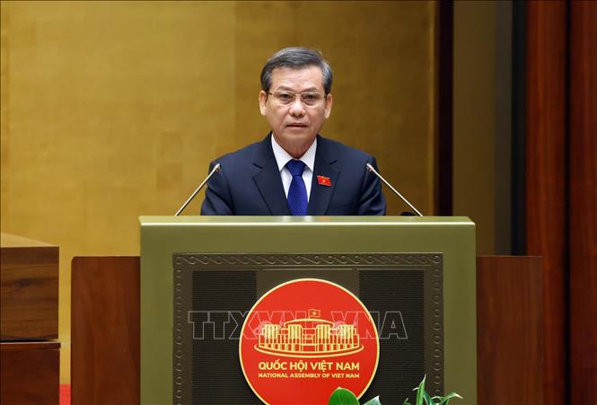 Chánh án Tòa án nhân dân tối cao Lê Minh Trí trình bày Báo cáo công tác nhiệm kỳ 2021-2026 của Tòa án nhân dân tối cao. Ảnh: Phạm Kiên - TTXVN