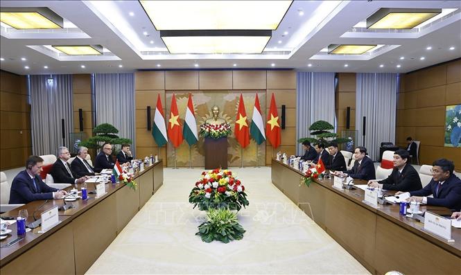 Chủ tịch Quốc hội Trần Thanh Mẫn hội đàm với Chủ tịch Quốc hội Hungary Kover Laszlo. Ảnh: Doãn Tấn - TTXVN
