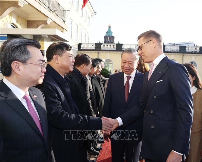 Tổng Bí thư Tô Lâm giới thiệu với Tổng thống Cộng hòa Phần Lan Alexander Stubb các thành viên đoàn Việt Nam. Ảnh: Thống Nhất – TTXVN