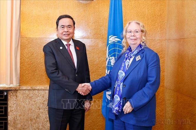 Trong khuôn khổ chương trình tham dự Hội nghị các Chủ tịch Quốc hội thế giới lần thứ 6 và tiến hành các hoạt động song phương tại Thụy Sĩ, chiều 29/7/2025 (giờ địa phương), tại Trụ sở Văn phòng Liên hợp quốc ở thành phố Geneva, Chủ tịch Quốc hội Trần Thanh Mẫn gặp bà Tatiana Valovaya, Tổng Giám đốc Văn phòng Liên hợp quốc tại Geneva (UNOG). Ảnh: Doãn Tấn – TTXVN