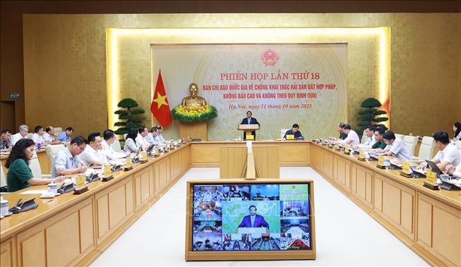 Thủ tướng Phạm Minh Chính phát biểu kết luận tại Phiên họp lần thứ 18 Ban Chỉ đạo Quốc gia về chống khai thác hải sản bất hợp pháp. Ảnh: Dương Giang-TTXVN