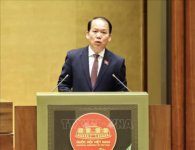 Chủ nhiệm Uỷ ban Pháp luật và Tư pháp của Quốc hội Hoàng Thanh Tùng trình bày Báo cáo thẩm tra về dự án:Luật Hàng không dân dụng Việt Nam (sửa đổi); Luật Viên chức (sửa đổi). Ảnh: Minh Đức - TTXVN