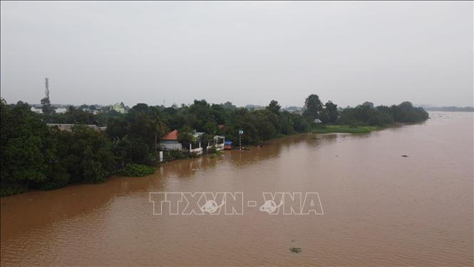 Mực nước sông Đồng Nai sáng 22/10 tại khu vực Biên Hòa lên cao, nhiều khu dân cư ven sông có nguy cơ ngập lụt. Ảnh: Sỹ Tuyên - TTXVN