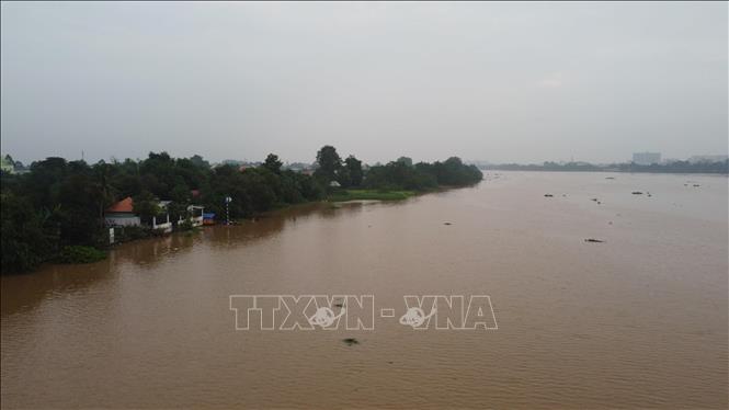 Mực nước sông Đồng Nai sáng 22/10 tại khu vực Biên Hòa lên cao, nhiều khu dân cư ven sông có nguy cơ ngập lụt. Ảnh: Sỹ Tuyên - TTXVN