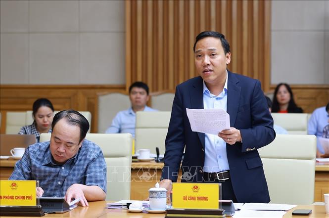 Thứ trưởng Bộ Công Thương Nguyễn Hoàng Long báo cáo tình hình triển khai dự án nhà máy điện hạt nhân. Ảnh: Dương Giang-TTXVN