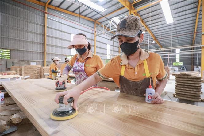 Công nhân chà mịn mặt ván bằng máy trước khi sơn phủ. Ảnh: Lê Đông - TTXVN