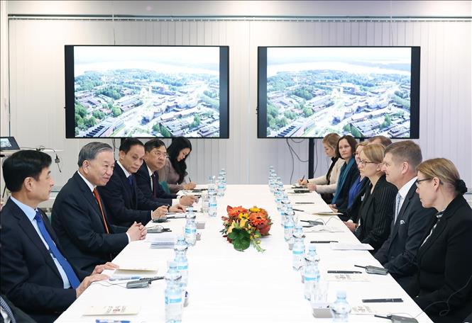 Tổng Bí thư Tô Lâm làm việc với Ban lãnh đạo Đại học Aalto. Ảnh: Thống Nhất – TTXVN