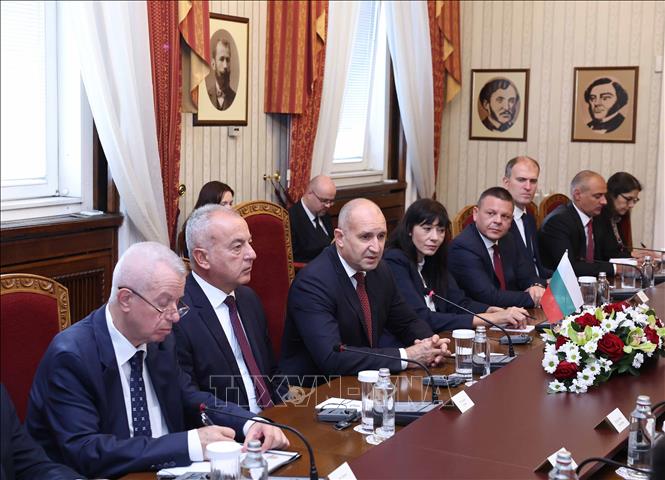 Tổng thống Rumen Radev và đoàn Bulgaria tại cuộc hội đàm chính thức với Tổng Bí thư Tô Lâm. Ảnh: Thống Nhất – TTXVN