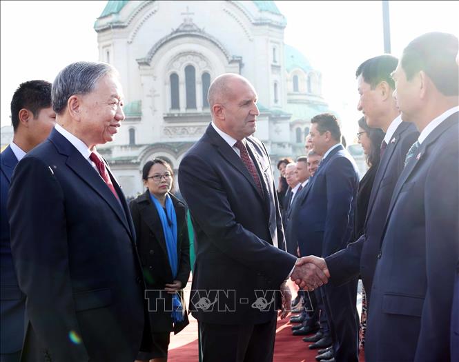 Tổng Bí thư Tô Lâm giới thiệu thành viên đoàn Việt Nam với Tổng thống Bulgaria Rumen Radev. Ảnh: Thống Nhất – TTXVN
