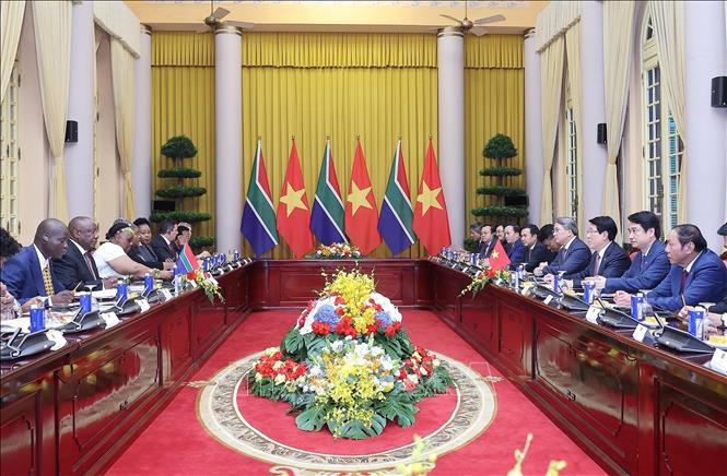 Chủ tịch nước Lương Cường và Tổng thống Nam Phi Matamela Cyril Ramaphosa hội đàm. Ảnh: Lâm Khánh - TTXVN