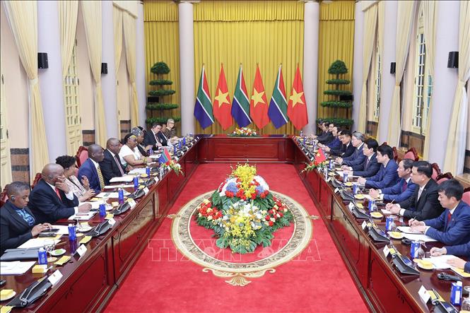 Chủ tịch nước Lương Cường và Tổng thống Nam Phi Matamela Cyril Ramaphosa hội đàm. Ảnh: Lâm Khánh - TTXVN