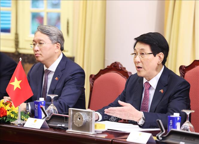 Chủ tịch nước Lương Cường phát biểu tại cuộc hội đàm với Tổng thống Nam Phi Matamela Cyril Ramaphosa. Ảnh: Lâm Khánh - TTXVN