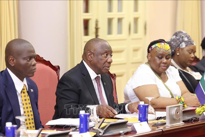 Tổng thống Nam Phi Matamela Cyril Ramaphosa phát biểu tại cuộc hội đàm với Chủ tịch nước Lương Cường. Ảnh: Lâm Khánh - TTXVN