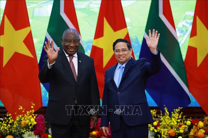 Thủ tướng Phạm Minh Chính hội kiến Tổng thống Nam Phi Matamela Cyril Ramaphosa. Ảnh: Dương Giang- TTXVN