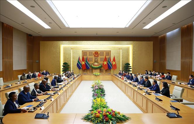 Thủ tướng Phạm Minh Chính hội kiến Tổng thống Nam Phi Matamela Cyril Ramaphosa. Ảnh: Dương Giang- TTXVN