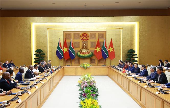 Thủ tướng Phạm Minh Chính hội kiến Tổng thống Nam Phi Matamela Cyril Ramaphosa. Ảnh: Dương Giang- TTXVN