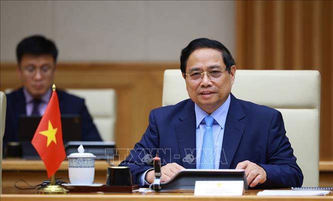Thủ tướng Phạm Minh Chính hội kiến Tổng thống Nam Phi Matamela Cyril Ramaphosa. Ảnh: Dương Giang- TTXVN