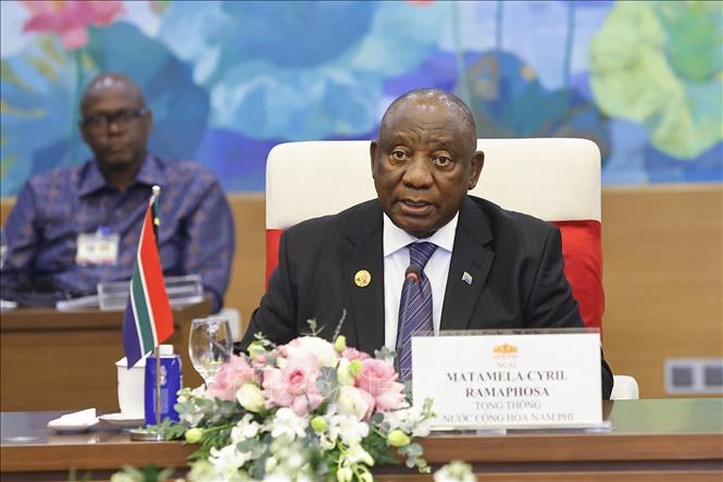Tổng thống Cộng hòa Nam Phi Matamela Cyril Ramaphosa phát biểu. Ảnh: Doãn Tấn – TTXVN