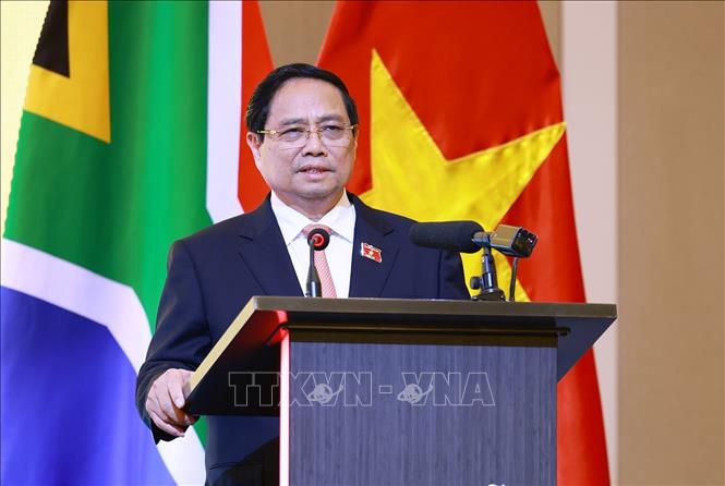 Thủ tướng Phạm Minh Chính phát biểu tại Diễn đàn doanh nghiệp Việt Nam-Nam Phi. Ảnh: Dương Giang - TTXVN