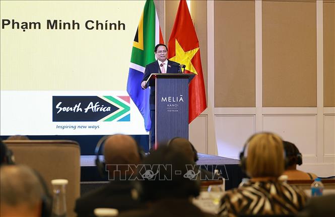 Thủ tướng Phạm Minh Chính phát biểu tại Diễn đàn doanh nghiệp Việt Nam-Nam Phi. Ảnh: Dương Giang - TTXVN