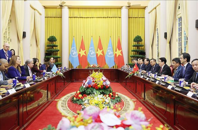 Chủ tịch nước Lương Cường hội đàm với Tổng Thư ký Liên hợp quốc António Guterres. Ảnh: Lâm Khánh - TTXVN