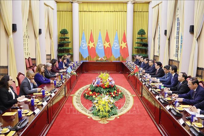 Chủ tịch nước Lương Cường hội đàm với Tổng Thư ký Liên hợp quốc António Guterres. Ảnh: Lâm Khánh - TTXVN