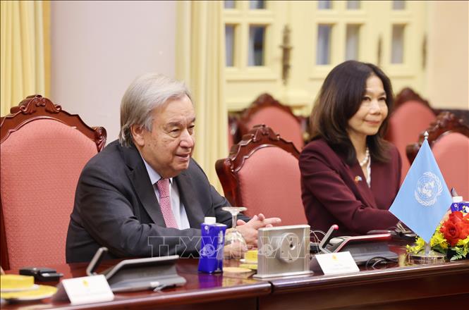 Tổng Thư ký Liên hợp quốc António Guterres phát biểu tại cuộc hội đàm với Chủ tịch nước Lương Cường. Ảnh: Lâm Khánh - TTXVN