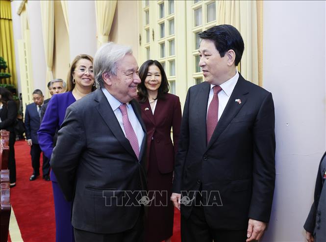 Chủ tịch nước Lương Cường với Tổng Thư ký Liên hợp quốc António Guterres sau hội đàm. Ảnh: Lâm Khánh - TTXVN
