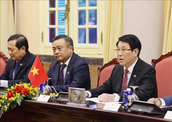 Chủ tịch nước Lương Cường phát biểu tại cuộc hội đàm với Tổng Thư ký Liên hợp quốc António Guterres. Ảnh: Lâm Khánh - TTXVN