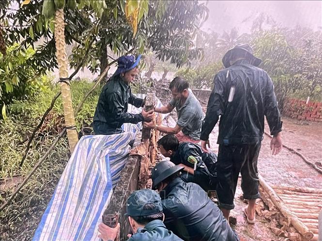 Lực lượng dân quân tự quản xã Phú Hựu cùng người dân nâng cao tấm chắn nước để ngăn nước tràn vào nhà dân dưới cơn mưa chiều 24/10. Ảnh: TTXVN phát