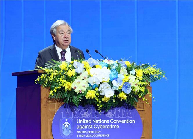 United Nations Secretary-General António Guterres delivers remarks at the opening session of the signing ceremony of the United Nations Convention against Cybercrime (also known as Hanoi Convention). VNA Photo
