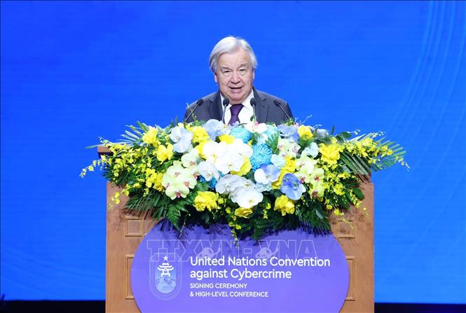 United Nations Secretary-General António Guterres delivers remarks at the opening session of the signing ceremony of the United Nations Convention against Cybercrime (also known as Hanoi Convention). VNA Photo