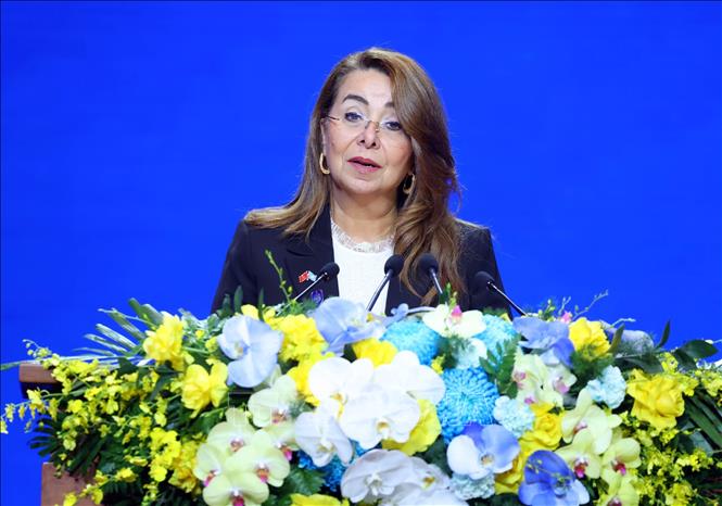 Executive Director of the United Nations Office on Drugs and Crime (UNODC) Ghada Waly speaks at the opening session. VNA Photo