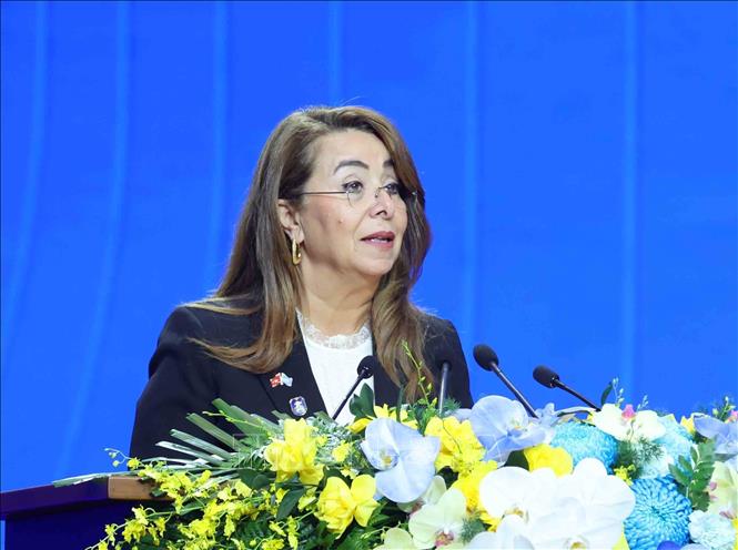 Executive Director of the United Nations Office on Drugs and Crime (UNODC) Ghada Waly speaks at the opening session. VNA Photo