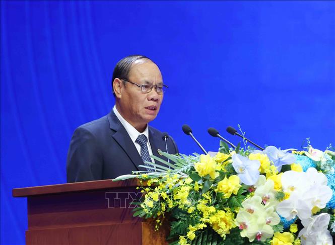Phó Thủ tướng kiêm Bộ trưởng Bộ Công an Lào Vilay Lakhamfong phát biểu tại Phiên thảo luận toàn thể cấp cao thứ nhất. Ảnh: Phương Hoa - TTXVN